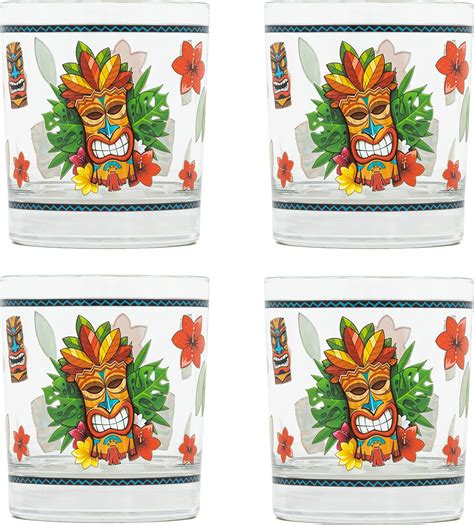 Tiki Cocktail Glasses Set Of 4 10 5 Ounce Rocks Drinking Cups Exotic Hawaiian