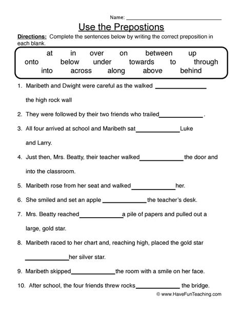 Use The Prepositions Worksheet By Teach Simple