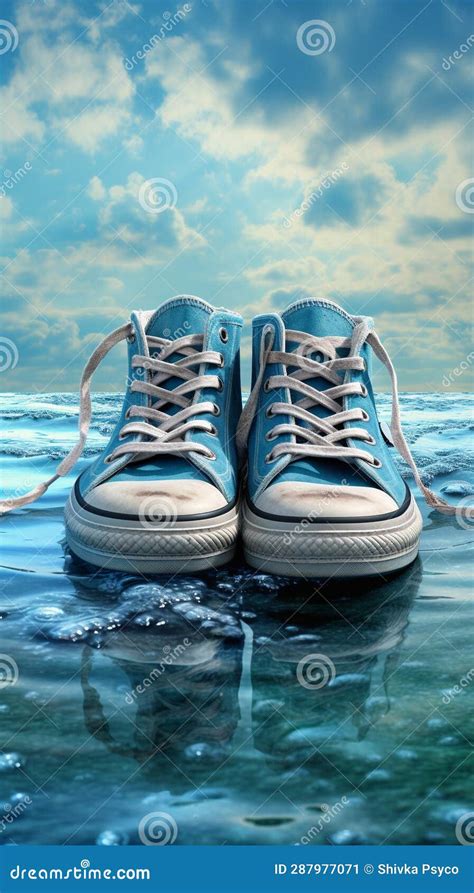 A Sky Blue Shoes Placed on Ocean and Sky Background Generative AI Stock Illustration ...