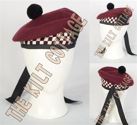 Scottish Balmoral Diced Bonnet Hat Kilt Cap Maroon Cap 100 Wool