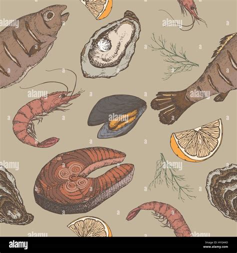 Hand Drawn Seafood Vector Color Seamless Pattern Stock Vector Image