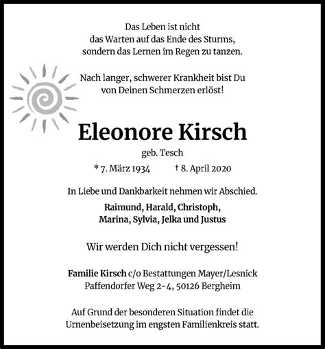 Traueranzeigen Von Eleonore Kirsch WirTrauern