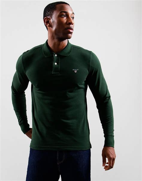 Gant Long Sleeve Pique Polo Shirt Storm Green Terraces Menswear