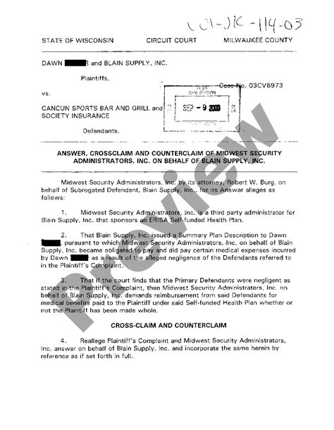 Wisconsin Answer Crossclaim And Counterclaim Us Legal Forms