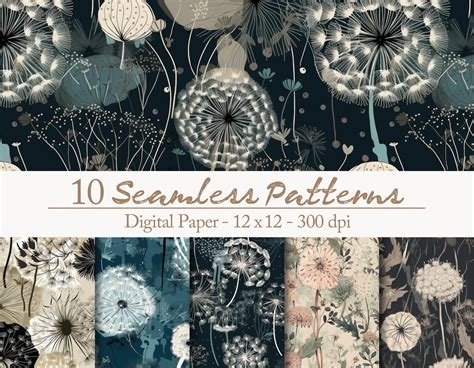 10 Pusteblume Blumen Wiese Nahtlose Muster Digitales Papier Set Modern