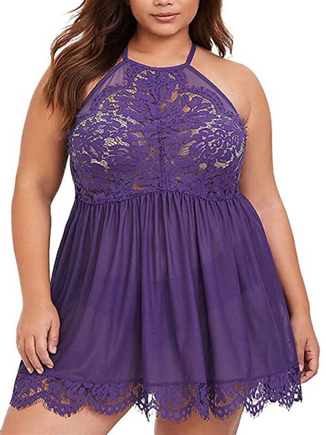 FM Plus Size Lingerie Babydoll Lace Floral Halter Sleepwear Set High