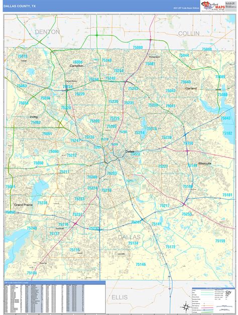 Dallas County, TX Zip Code Wall Map Basic Style by MarketMAPS - MapSales