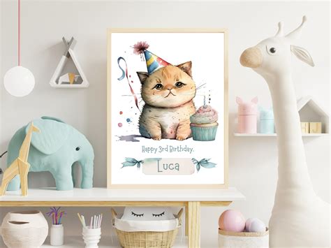 Custom Cat Birthday Wall Art, Birthday Art Print, Personalized Birthday ...