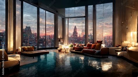 Concept art illustration of apartment living room interior in New York ...