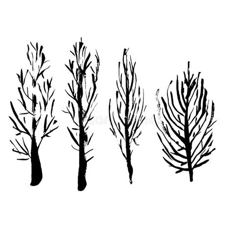 Naked Trees Silhouettes Hand Drawn Set Vector Illustration Stock