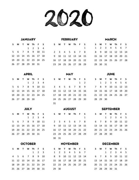 2020 Year Calendar Printable One Page 2024 Calendar Printable