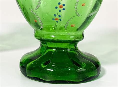 Pair Vintage Hand Painted Green Glass Mantle Vases 2 Round Etsy