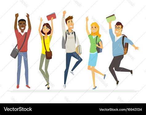 Happy Jumping Senior School Students Cartoon Vector Image