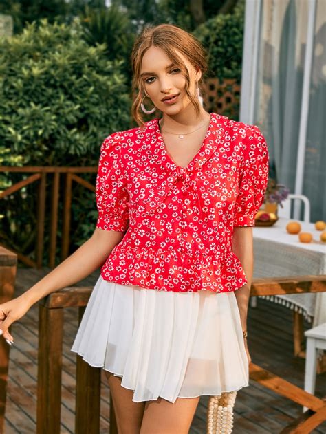 Ditsy Floral Tie Front Puff Sleeve Ruffle Hem Blouse Shein Usa