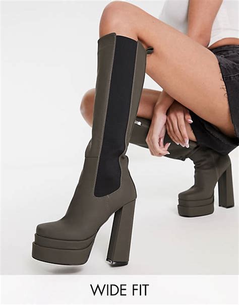 Simmi London Martha Wide Fit Platform Heel Knee Boots In Olive Green Asos