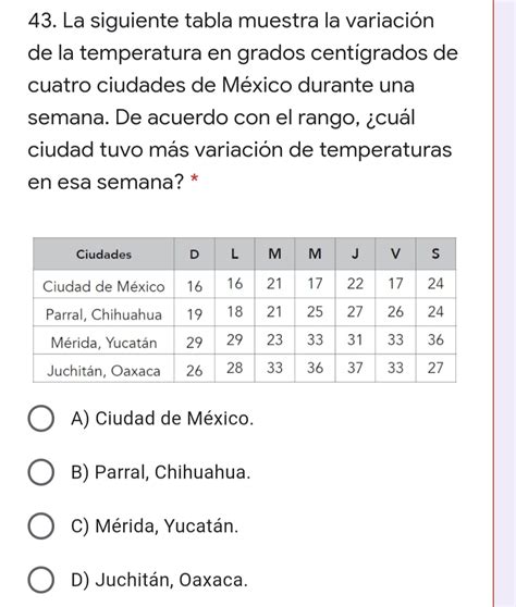 Solved 43 La siguiente tabla muestra la variación de la temperatura