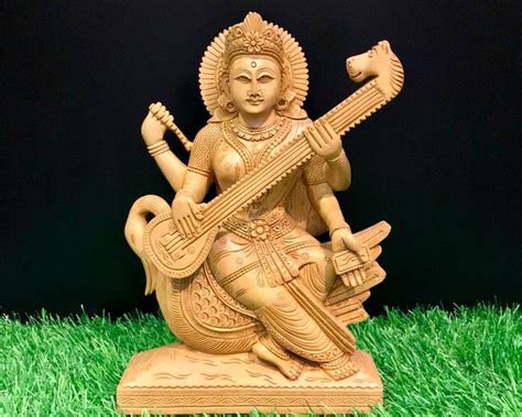 Wooden Saraswati Statue On Swan Cm Hand Carved Wooden Saraswati