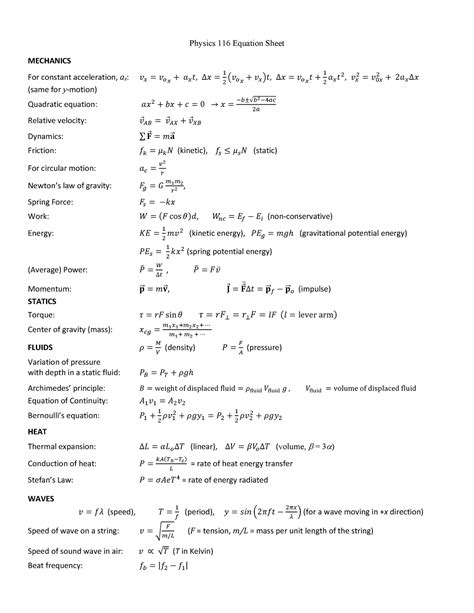 Phys Equation Sheet Physics Equation Sheet Mechanics For