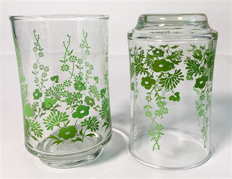 Vintage Set Of 6 Juice Glasses Libbey Green Flowers And Leaves Design