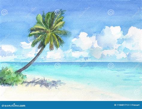 Playa Tropical Con La Palmera Ejemplo Dibujado Mano De La Acuarela