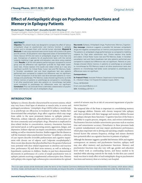 Pdf Effect Of Antiepileptic Drugs On Psychomotor Functions And Memory