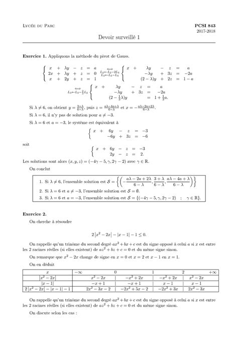 Devoir Corrige Devoir Corrige Lyc E Du Parc Pcsi