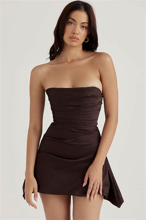 Silky Satin Pleated Trim Corset Strapless Party Mini Dress Chocolate Rosedress