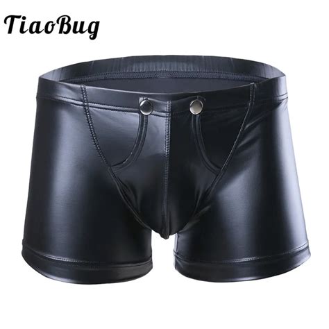 TiaoBug Men Lingerie Faux Leather Low Waist Boxer Shorts Underpants Underwear Press Buttons