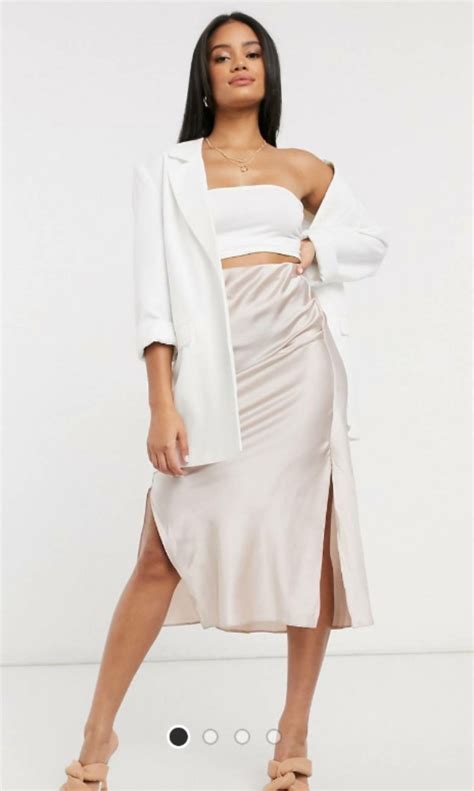 Asos Bias Cut Satin Slip With Splits Midi Skirt In Soft Pink Women S