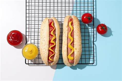 Premium Photo Hot Dogs On Grid Sauces In Bowls And Tomatoes On White