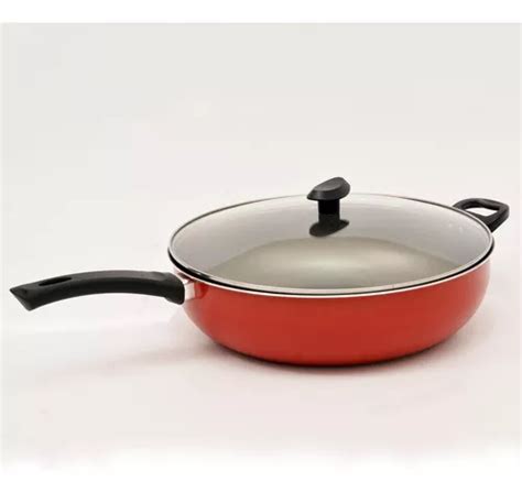 Frigideira Wok Antiaderente Cm Tampa De Vidro Cor Vermelho