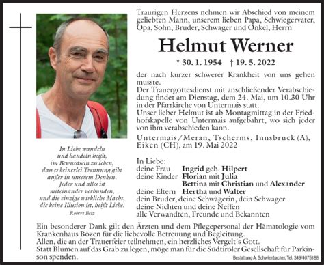 Traueranzeigen Von Helmut Werner Trauer Bz