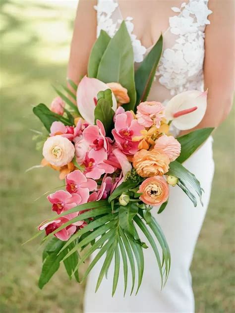 Tropical Cascade Wedding Bouquet With Palm Leaves Pink Phalaenopsis