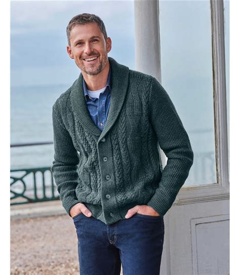 Bleu D Eau Cardigan Col Ch Le En Maille Torsad E Homme Pure