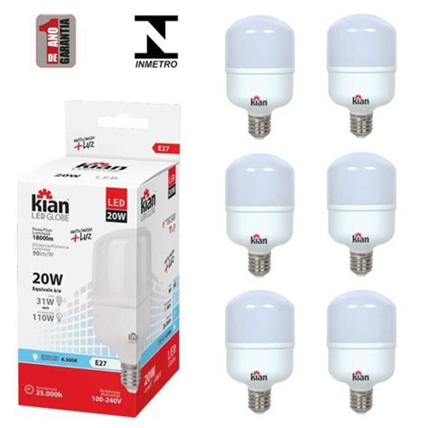 Kit 6 Lâmpadas Led Bulbo 20W Bivolt Alta Potencia Branca Fria 6500k