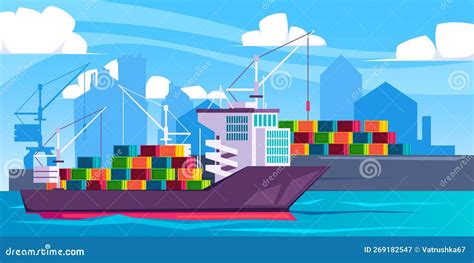 Freight Ship in Port. Cartoon Marine Dock with Barge Loading Containers ...