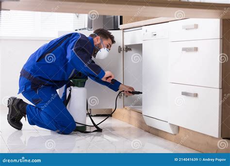 Man Spraying Pesticide In Kitchen Stock Image Image Of Pesticide