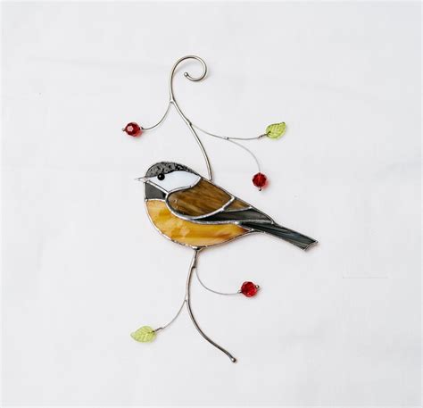 Chickadee Stained Glass Bird Window Hangings Home Decor Etsy