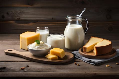 Una Variedad De Quesos Y Leche En Una Mesa Foto Premium