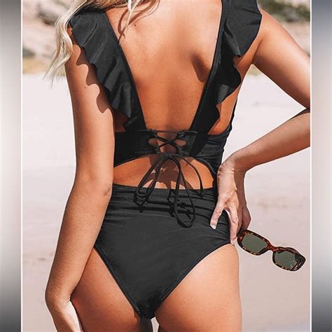 Cupshe Swim Cupshe Womens V Neck One Piece Swimsuit Ruffled Lace Up