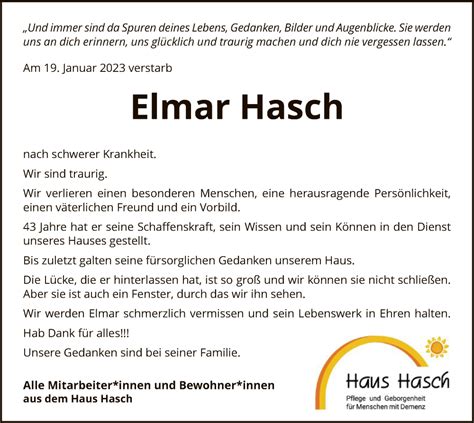 Traueranzeigen Von Elmar Hasch Trauer Kreiszeitung De