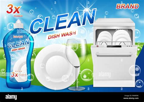 Dish Wash Soap Ads Realistic Plastic Dishwashing Packaging With Detergent Gel Design Liquid