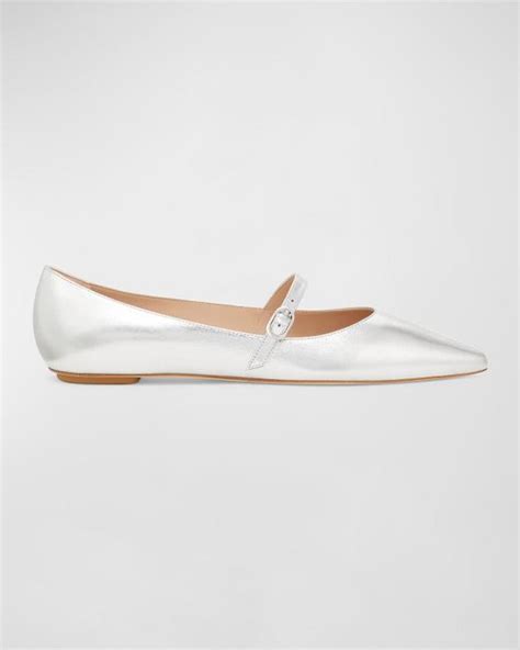 Stuart Weitzman Emilia Metallic Mary Jane Ballerina Flats In White Lyst