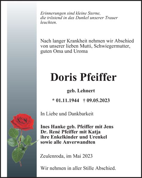 Traueranzeigen Von Doris Pfeiffer Trauer In Thueringen De