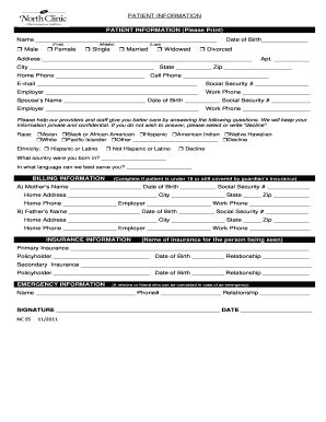 Fillable Online Patient Information Please Print North Clinic Fax