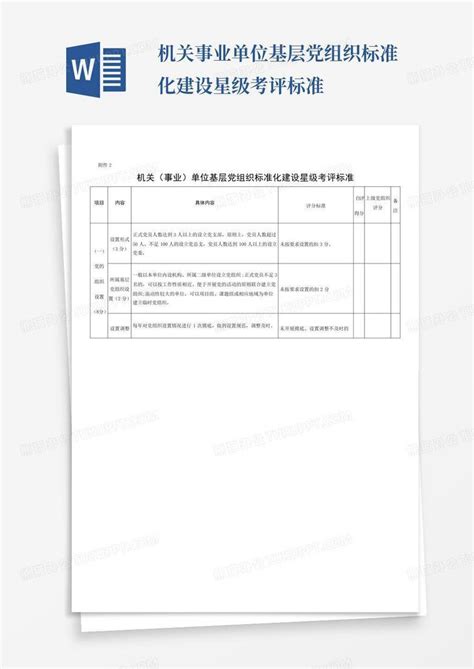 机关事业单位基层党组织标准化建设星级考评标准 Word模板下载编号lrwnajoo熊猫办公