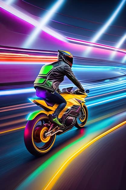 Premium AI Image | Biker rushes along the highway of the city Neon ...