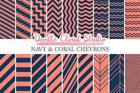 Navy And Coral Chevron Digital Paper Chevron And Stripes Pattern Zig