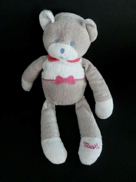 Doudou Peluche Musti Mustela Ours Gris Blanc Noeud Col Rose Tbe Ebay