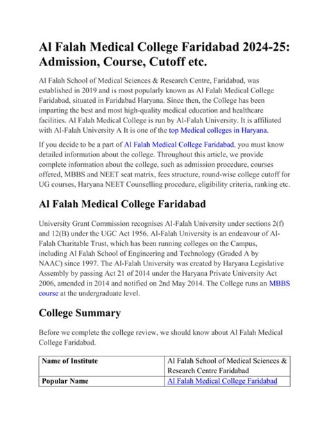 Al Falah Medical College Faridabad Admission Open For 2024 Intake Pdf